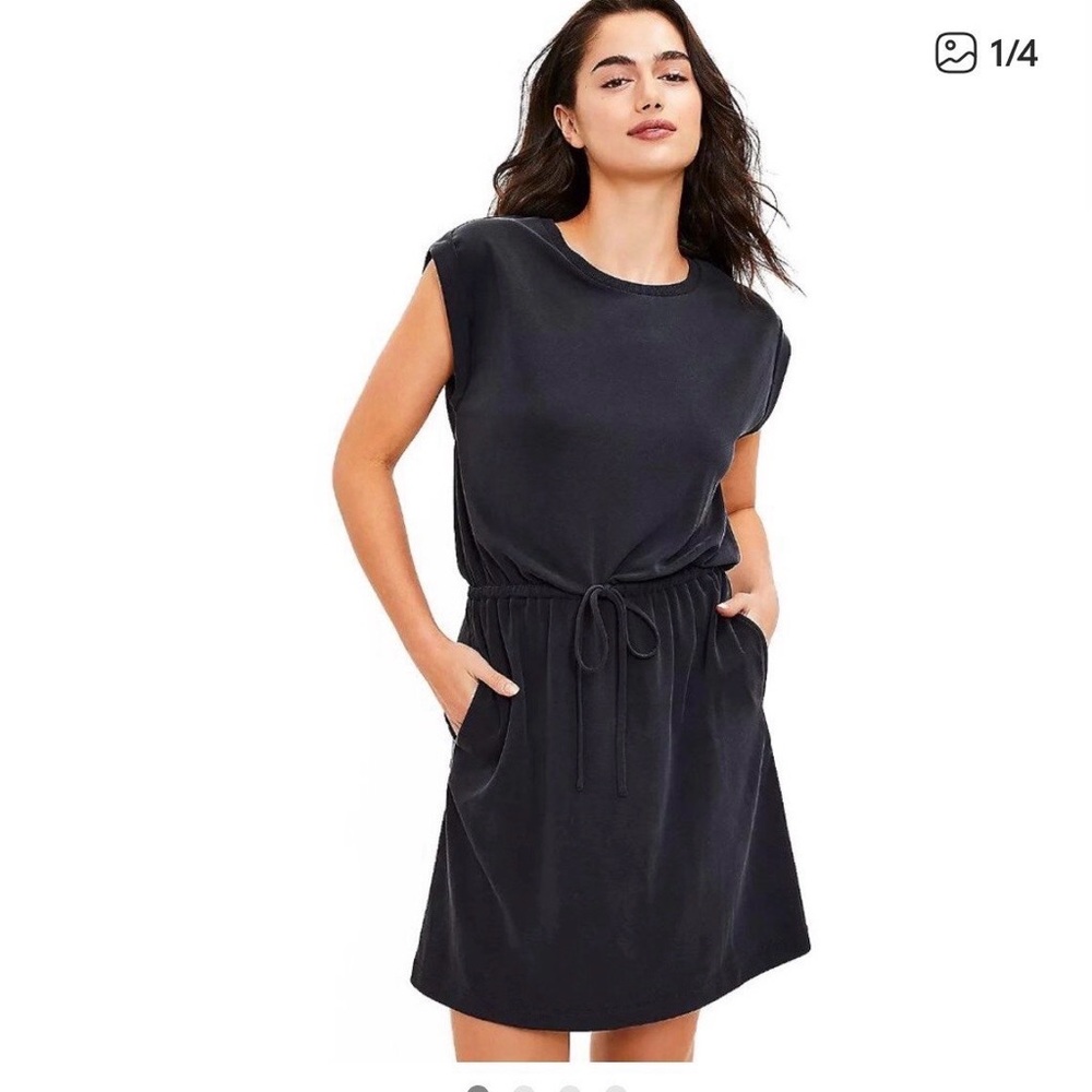 LOFT Black Cap-Sleeve Drawstring Mini Dress